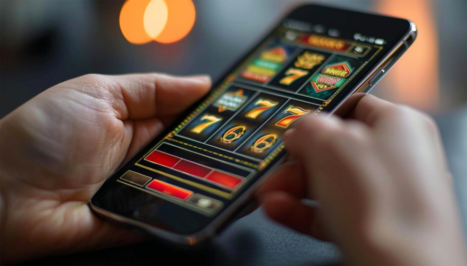 Hand holding smartphone with casino slots on the screen